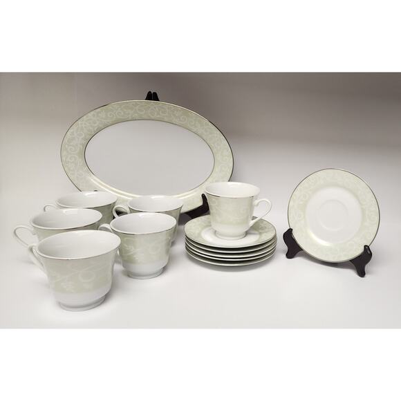 JCPenney Chris Madden Chambour Green White Silver Cup & Saucer/ Platter - Picture 2 of 11